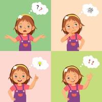 niña pequeña con un proceso de pensamiento diferente al hacer preguntas, confundirse, buscar ideas, tener una idea y resolver problemas con éxito. concepto de búsqueda de soluciones para niños. vector