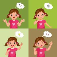 Set of vector of little girl with different thinking process from asking questions, confused, searching for ideas, got an idea, and success solve problems. kid search for solutions concept.