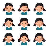 Cute little girl with facial expressions set. Vector of kid faces with different emotions such as sad, crying, tired, excited, playful, in love, peaceful, cheerful, silly face, embarrassed, regret