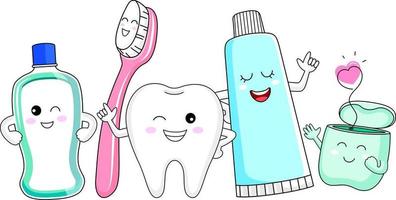 Cute cartoon tooth character with mouthwash, toothbrush, toothpaste and dental floss. Dental care concept. vector