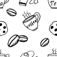 black and white endless doodle pattern of coffee, tea and cookies on a white background. vector