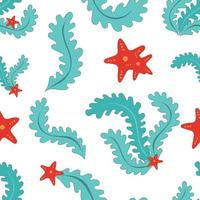 vector seamless pattern, seaweed with a starfish on a white background.