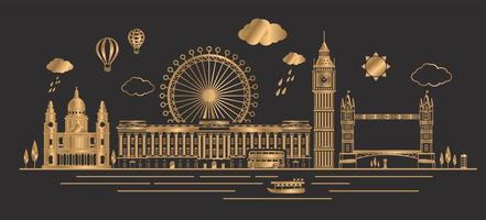 Vector. gold color London, England and United Kingdom Landmarks Skyline, Famous Place, Travel and Tourist Attraction