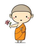 vector. Cute monk holding pink flowers on a white background. vector