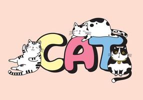 dibujo vectorial de 3 gatos durmiendo en la palabra gato en tonos pastel. vector