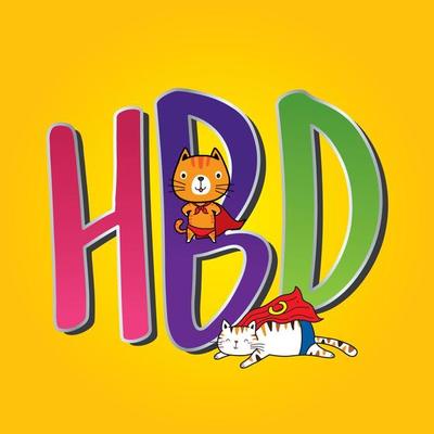 Birthday card vector. cute cartoon cat hero on bright yellow background