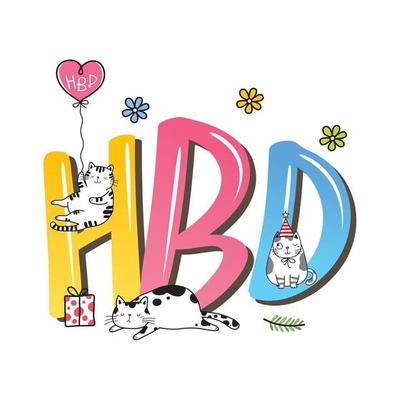 Happy birthday greeting card. Cute cartoon cats cerebrating with text HBD to you. Isolated on white background. Flat design. Colored vector illustration.