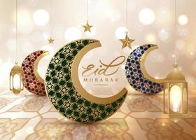 eid mubarak, eid al adha, eid al fitr, afiche de tarjetas de felicitación con luna creciente realista y diseño de pancartas vectoriales estelares vector
