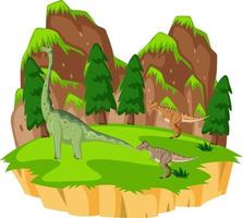 Scene with dinosaurs brachiosaurus and t-rex on island vector