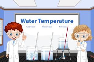 niños científicos explicando el experimento de la temperatura del agua vector