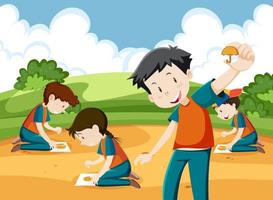 Children playing scratch dalgona cookie at the park vector