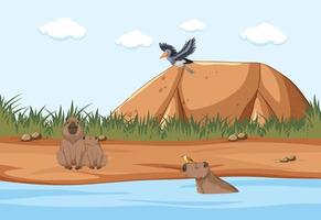 Wetland forest scene with capybara vector