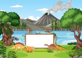 bosque prehistórico con tablero vacío y dinosaurio vector