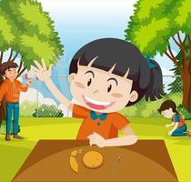 Children playing scratch dalgona cookie at the park vector