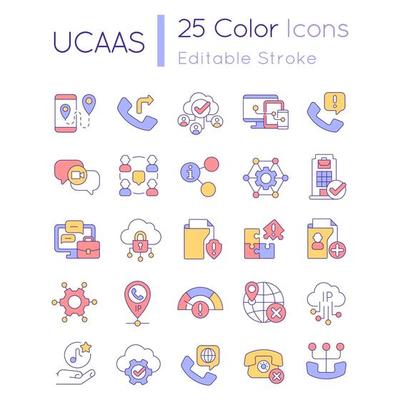 UCaaS RGB color icons set. Telecommunication system. Cloud delivered service tools. Isolated vector illustrations. Simple filled line drawings collection. Editable stroke. Quicksand-Light font used