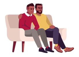 Gay couple sitting on sofa semi flat RGB color vector illustration