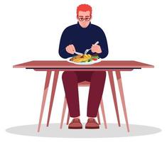 Man eating fish with knife and fork semi flat RGB color vector illustration