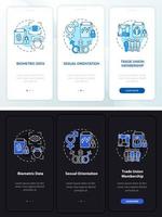 Types of personal data night and day mode onboarding mobile app screen vector