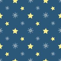 Seamless pattern with white snowflakes and yellow stars on dark blue background. Vector image.