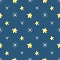 Seamless pattern with white snowflakes and yellow stars on dark blue background. Vector image.