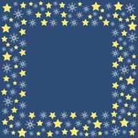 Square frame with white snowflakes and yellow stars on dark blue background. Vector image.