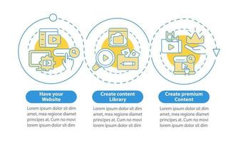 plantilla infográfica de círculo azul de video a pedido. visualización de datos con 3 pasos. gráfico de información de la línea de tiempo del proceso. diseño de flujo de trabajo con iconos de línea. innumerables fuentes pro-negrita y regulares utilizadas vector