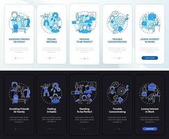 Anxiety at work night and day mode onboarding mobile app screen. Stress walkthrough 5 steps graphic instructions pages with linear concepts. UI, UX, GUI template. Myriad Pro-Bold, Regular fonts used vector