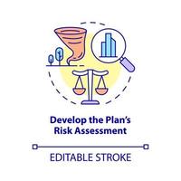 Develop plan risk assessment concept icon. Strategy for evaluating hazards abstract idea thin line illustration. Isolated outline drawing. Editable stroke. Roboto-Medium, Myriad Pro-Bold fonts used vector