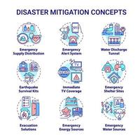 conjunto de iconos de concepto de mitigación de desastres. servicios de situaciones de emergencia idea ilustraciones en color de línea delgada. dibujos de contorno aislados. trazo editable. roboto-medium, innumerables fuentes pro-bold utilizadas vector