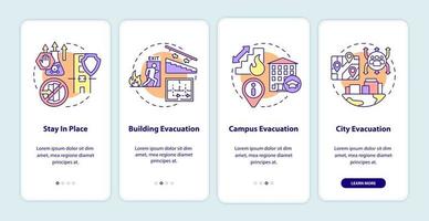 tipos de evacuación que incorporan la pantalla de la aplicación móvil. tutorial de servicio de emergencia páginas de instrucciones gráficas de 4 pasos con conceptos lineales. interfaz de usuario, ux, plantilla de interfaz gráfica de usuario. innumerables fuentes pro-negrita y regulares utilizadas vector