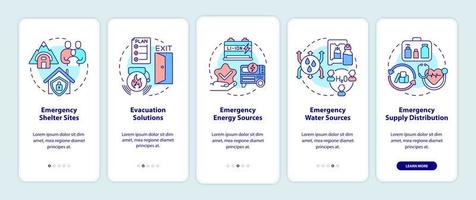 Emergency plan includes onboarding mobile app screen. Aid service walkthrough 5 steps graphic instructions pages with linear concepts. UI, UX, GUI template. Myriad Pro-Bold, Regular fonts used vector