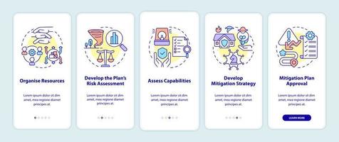 Hazard mitigation steps onboarding mobile app screen. Disaster prevention walkthrough 5 steps graphic instructions pages with linear concepts. UI, UX, GUI template. Myriad Pro-Bold, Regular fonts used vector