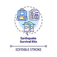 Earthquake survival kits concept icon. Essential items for emergency abstract idea thin line illustration. Isolated outline drawing. Editable stroke. Roboto-Medium, Myriad Pro-Bold fonts used vector