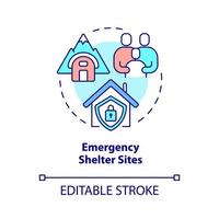 Emergency shelter sites concept icon. Camp for refugees. Temporary housing abstract idea thin line illustration. Isolated outline drawing. Editable stroke. Roboto-Medium, Myriad Pro-Bold fonts used vector