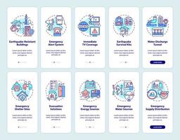 conjunto de pantalla de aplicación móvil de incorporación de mitigación de desastres. tutorial de seguridad 5 pasos páginas de instrucciones gráficas con conceptos lineales. interfaz de usuario, ux, plantilla de interfaz gráfica de usuario. innumerables fuentes pro-negrita y regulares utilizadas vector