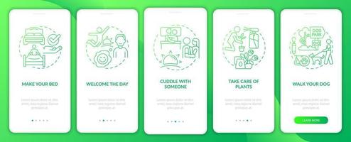 Daily routine tips green gradient onboarding mobile app screen. Life walkthrough 5 steps graphic instructions pages with linear concepts. UI, UX, GUI template. Myriad Pro-Bold, Regular fonts used vector