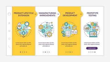 Digital twin applications yellow onboarding template. Product lifecycle. Responsive mobile website with linear concept icons. Web page walkthrough 4 step screens. Lato-Bold, Regular fonts used