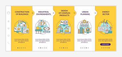 Plantilla amarilla de incorporación de situaciones de uso de gemelos digitales. sector energético. sitio web móvil receptivo con iconos de concepto lineal. Tutorial de página web Pantallas de 5 pasos. lato-negrita, fuentes regulares utilizadas vector