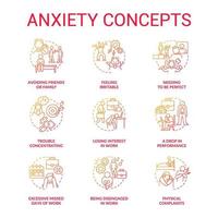 Anxiety red gradient concept icons set. Stress and panic attack. Social mental disorder idea thin line color illustrations. Isolated outline drawings. Roboto-Medium, Myriad Pro-Bold fonts used vector