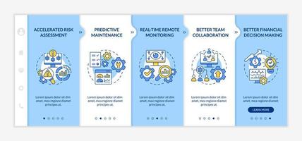 Digital twin advantages blue and white onboarding template. Risk assessment. Responsive mobile website with linear concept icons. Web page walkthrough 5 step screens. Lato-Bold, Regular fonts used vector