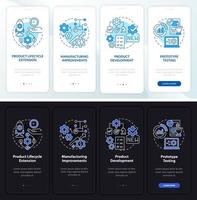 Digital twin tasks night and day mode onboarding mobile app screen. Walkthrough 4 steps graphic instructions pages with linear concepts. UI, UX, GUI template. Myriad Pro-Bold, Regular fonts used vector