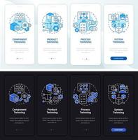 Twinning levels night and day mode onboarding mobile app screen. Walkthrough 4 steps graphic instructions pages with linear concepts. UI, UX, GUI template. Myriad Pro-Bold, Regular fonts used vector