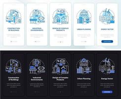 Digital twin use cases night and day mode onboarding mobile app screen. Walkthrough 5 steps graphic instructions pages with linear concepts. UI, UX, GUI template. Myriad Pro-Bold, Regular fonts used vector