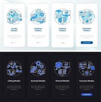 Virtual modeling night and day mode onboarding mobile app screen. Walkthrough 4 steps graphic instructions pages with linear concepts. UI, UX, GUI template. Myriad Pro-Bold, Regular fonts used vector