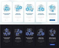 Digital twin benefits night and day mode onboarding mobile app screen. Walkthrough 5 steps graphic instructions pages with linear concepts. UI, UX, GUI template. Myriad Pro-Bold, Regular fonts used vector