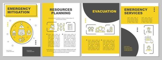 plantilla de folleto amarillo de mitigación de emergencia. planificación de recursos. diseño de impresión de folletos con iconos lineales. diseños vectoriales para presentación, informes anuales, anuncios. arial, innumerables fuentes pro-regulares utilizadas vector