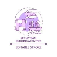 Set up team building activities purple concept icon. Teamwork culture abstract idea thin line illustration. Isolated outline drawing. Editable stroke. Roboto-Medium, Myriad Pro-Bold fonts used vector