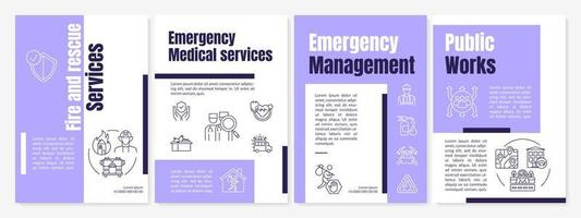 Emergency services purple brochure template. Rescue from disaster. Booklet print design with linear icons. Vector layouts for presentation, annual reports, ads. Anton-Regular, Lato-Regular fonts used