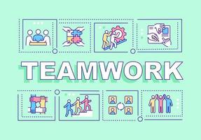 Teamwork word concepts green banner. Build productive team. Infographics with linear icons on background. Isolated typography. Vector color illustration with text. Arial-Black font used