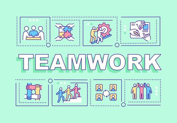 Teamwork word concepts green banner. Build productive team. Infographics with linear icons on background. Isolated typography. Vector color illustration with text. Arial-Black font used